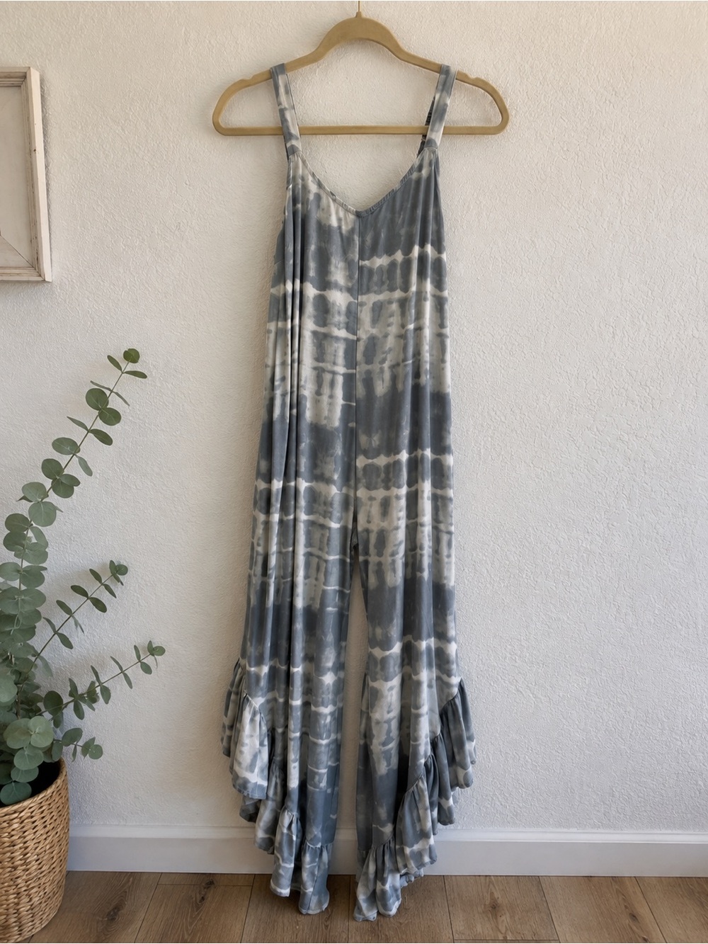 Japna Tie Dye Wide Leg Boho Jumpsuit Ruffle Hem Pockets Blue Gray Small - Picture 1 of 4